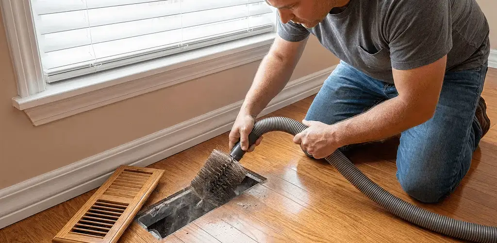 Air duct cleaning technician vacuuming a floor vent and duct opening in Oakland, CA