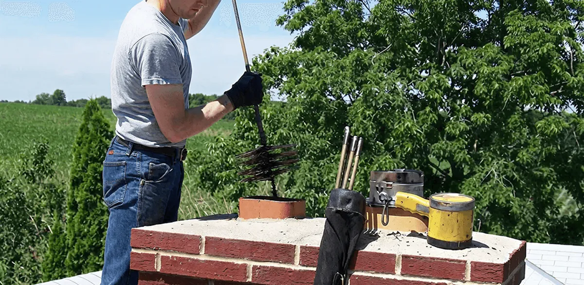 Chimney cleaning technician working on a rooftop chimney with professional tools in Oakland, CA