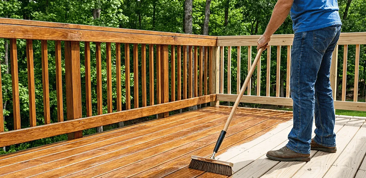 Deck staining and sealing application on a wood deck in Oakland, CA