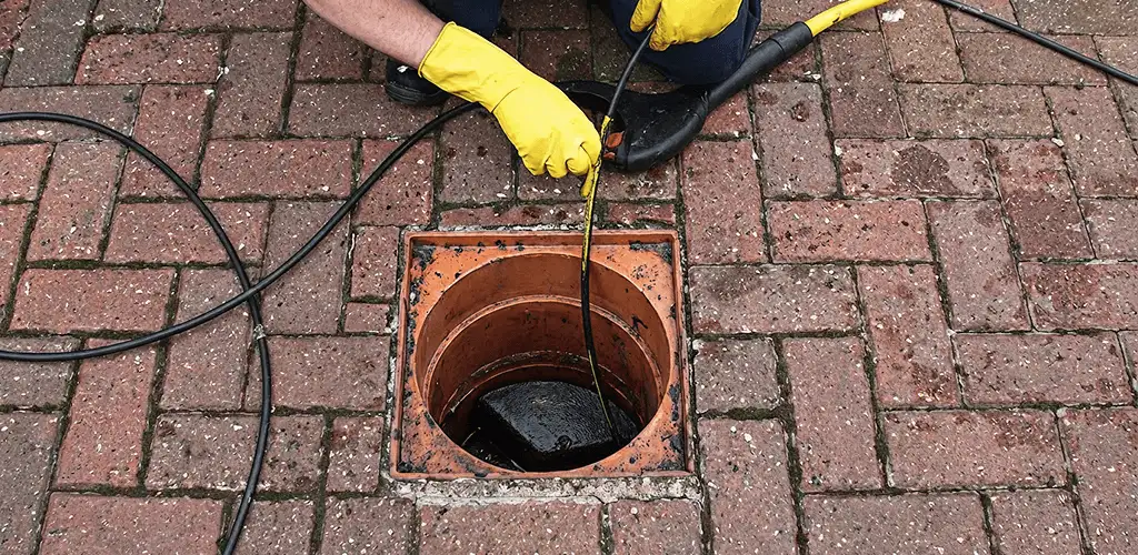 Drain cleaning technician using a drain snake to clear a clogged drain in Oakland, CA