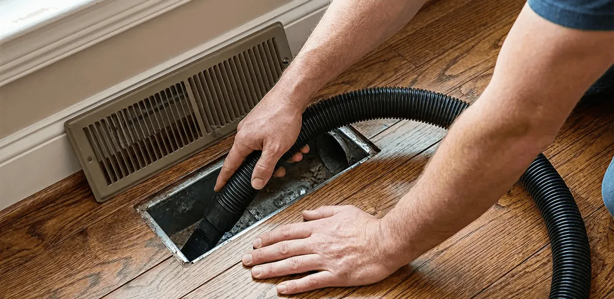 Air duct cleaning technician vacuuming a floor register and duct opening in Oakland, CA