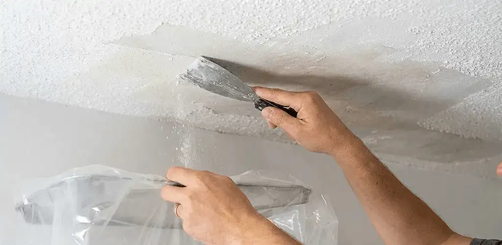 Popcorn ceiling removal technician scraping texture from a ceiling in Oakland, CA